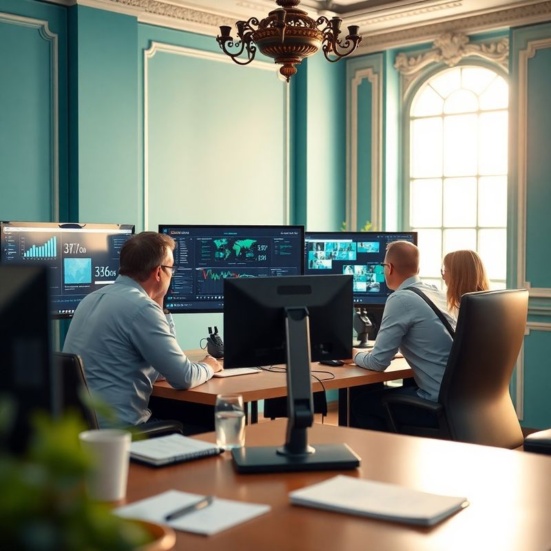 Malý redakční tým prohlížející data na velkých monitorech v pražské kanceláři